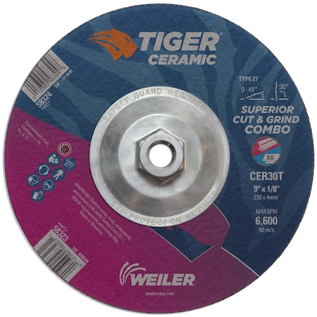Weiler 9 in Dia, 1/8 in Thick, 5/8 in-11 UNC Arbor Hole Size, Ceramic, 30 Grit 58324